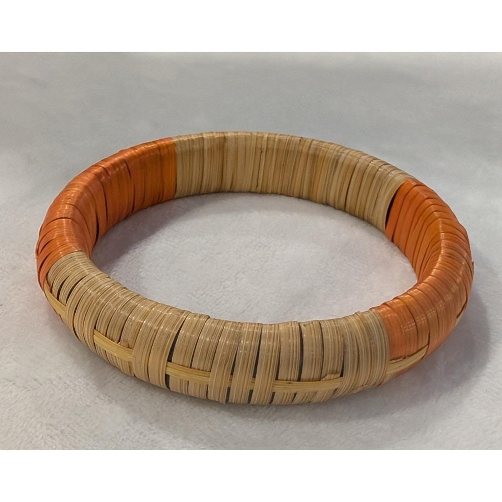Handwoven Rattan Bangle Bracelet Orange Natural Tan Wicker Boho Two Tone Wrap
